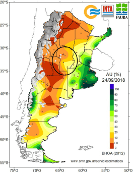 Available water content in the province of Cordoba as of September 24th, 2018. Source: FAUBA.